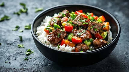 Beef and vegetables stir fry with white rice in a black bowl Grey background Close up : Generative AI