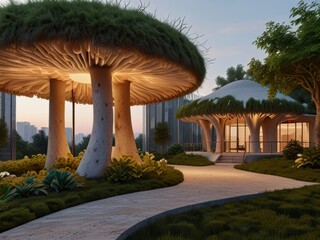 Mushroom House and Office in a Sunlit Garden