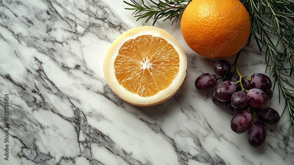 Poster cheese with washed orange rind and fresh grape marble table background top view copy space : generat