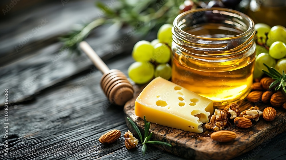 Poster Assortment of cheese with honey nuts and grape on a rustic cutting board wooden background Toning : Generative AI