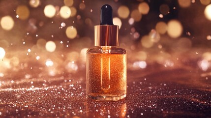 A dropper bottle of golden liquid on a bed of shimmering glitter
