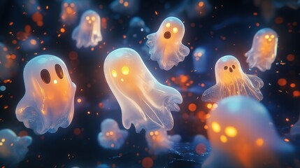 Adorable Glowing Ghosts Floating in a Magical Halloween Night