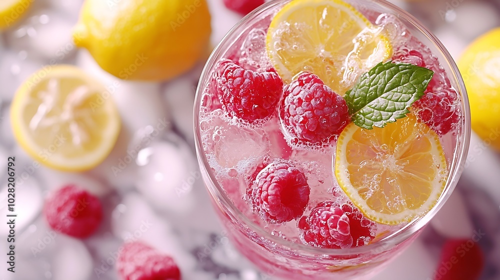 Poster raspberry cocktail fizz lemonade ice tea with fresh mint on marble background : generative ai