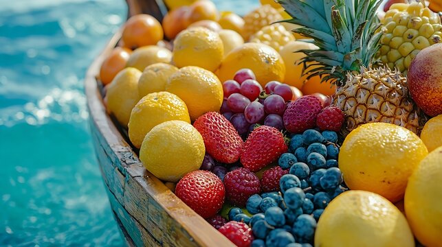 Tropical fruits assortment in wooden boat Outdoor tropical background Close up : Generative AI