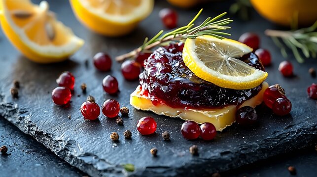French cuisine Onion confiture jam with lemon and piece of cheese on stone table : Generative AI