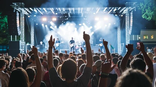 Rear back view of audience crowd people fans raising hands enjoying live music festival concert event rock band silhouettes performance sing on night club outdoor stage.
