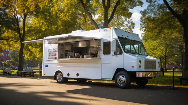 White food truck are parked in park for food truck festival with many people