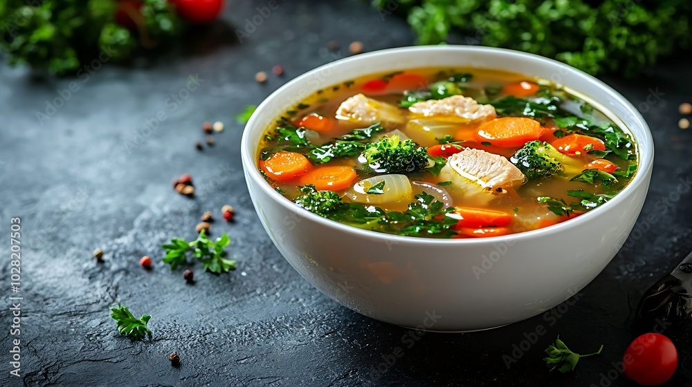 Poster chicken soup with vegetables in white bowl grey stone background close up : generative ai