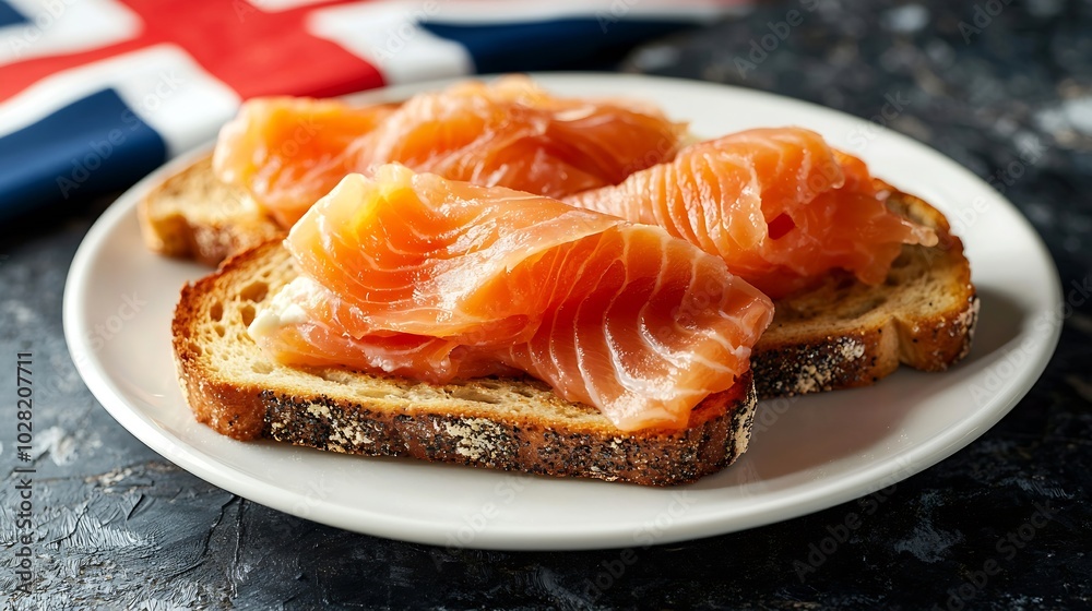 Poster sandwich toast with smoked salmon and cream cheese on white plate with scottish flag marble backgrou