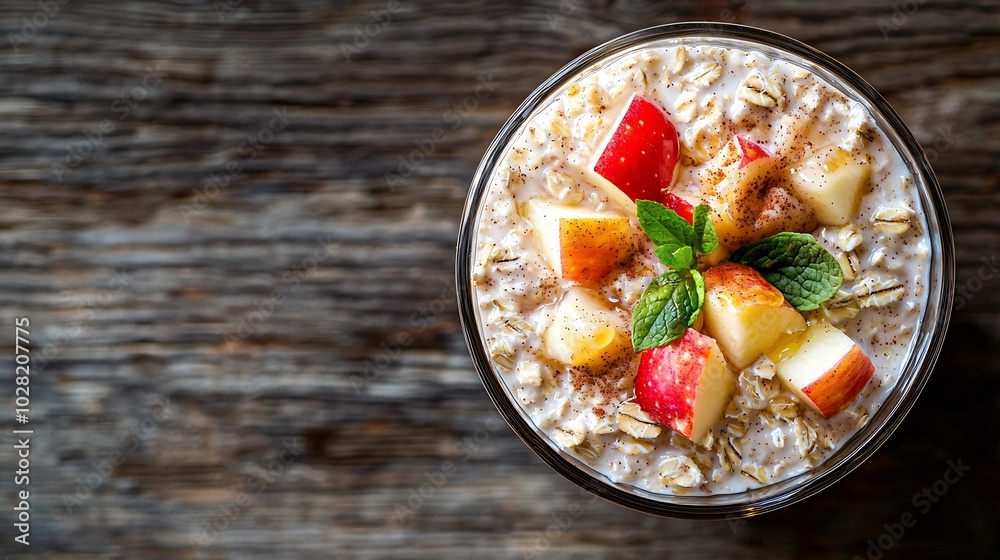 Poster overnight oats bircher muesli with apple cinnamon and honey wooden background copy space : generativ
