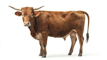 A brown cow with large horns stands facing the camera on a white background.