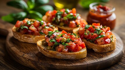 Ciabatta bread bruschetta with olive tapenade Wooden background Top view : Generative AI