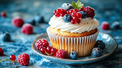 Muffin cake with fresh berries on a plate Blue background : Generative AI