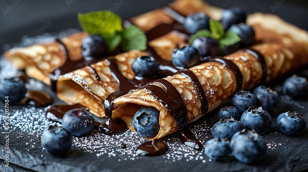 Poster crepes thin pancakes with chocolate sauce and fresh blueberries grey background close up : generativ