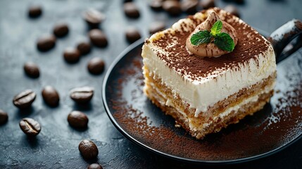 Tiramisu dessert with cup of coffee Dark grey background Top view : Generative AI