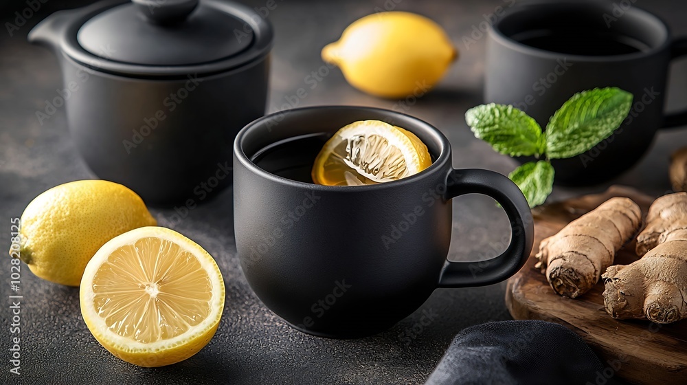 Poster ginger and lemon tea in black cups tea pot grey dark background copy space top view : generative ai