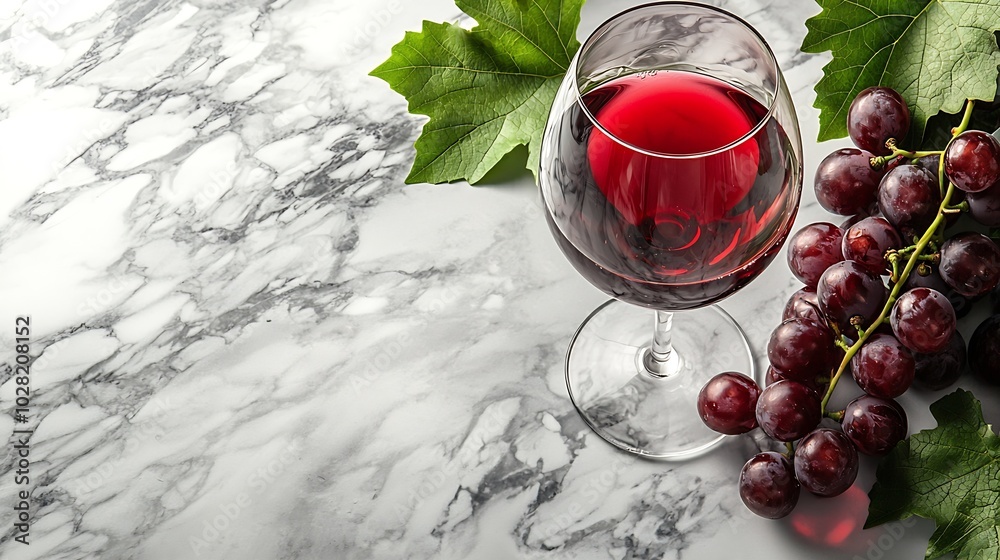 Aufkleber Red wine in glass with fresh grape on marble table background Top view Copy space : Generative AI