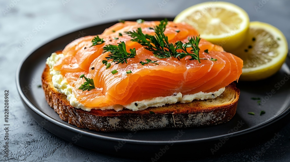 Poster sandwich toast with smoked salmon and cream cheese on plate grey background top view : generative ai