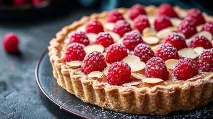 Almond and raspberry cake Bakewell tart Traditional British pie Blue background : Generative AI