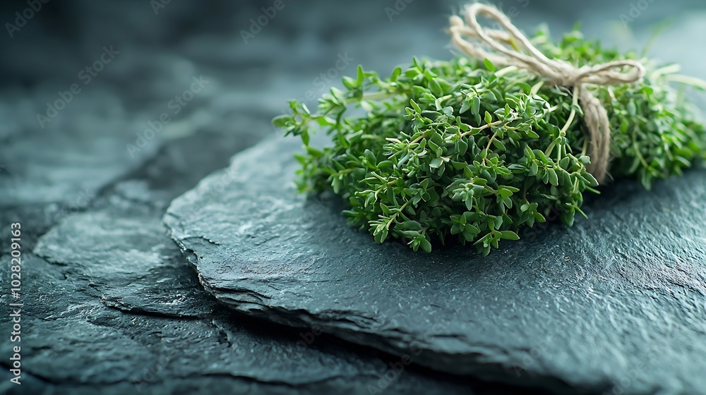Poster fresh thyme bunch on slate background close up : generative ai