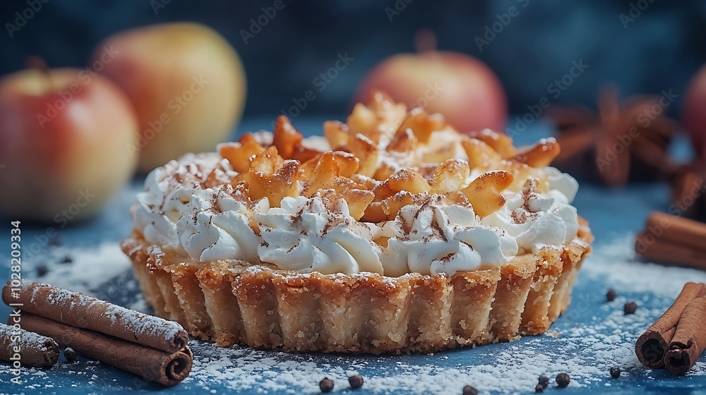 Poster Apple pie with cream and cinnamon sticks on a blue background Selective focus : Generative AI
