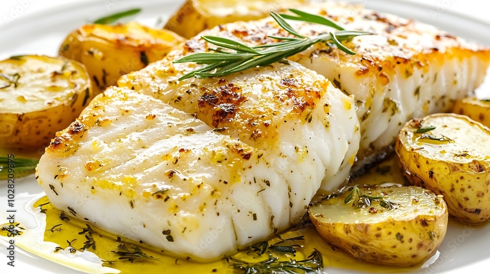 Poster roasted cod codfish with baked potatoes and artichokes with lemon and herbs sauce on a white backgro