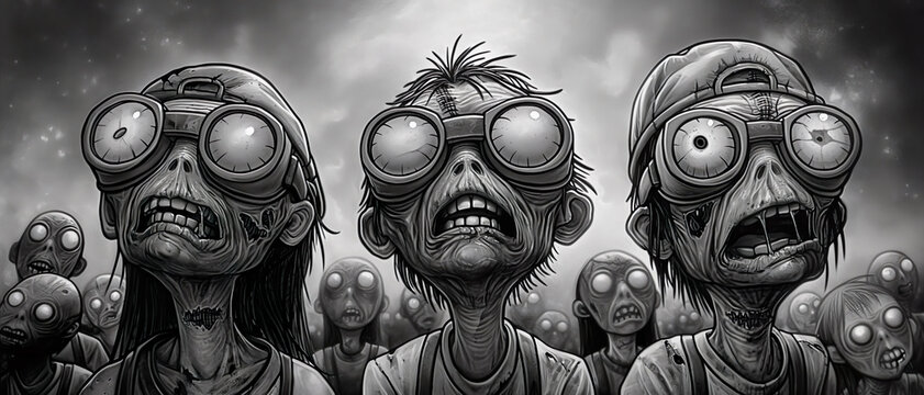 Zombified People. Illustration On The Theme Of Horror And Addiction, Halloween And Caricatures. Generative AI  