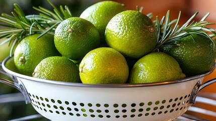 Fresh limes and rosemary springs in white enamel colander : Generative AI