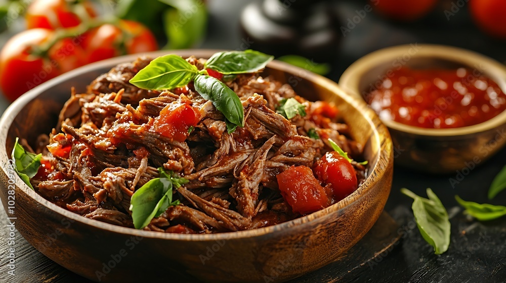 Poster beef shredded meat with sauce close up : generative ai