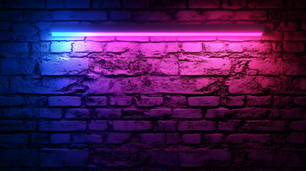 Brick wall illuminated with pink and blue neon light.