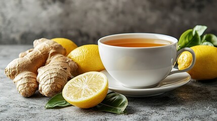Ginger tea with lemon Grey background Healthy immunity boost hot drink Close up : Generative AI