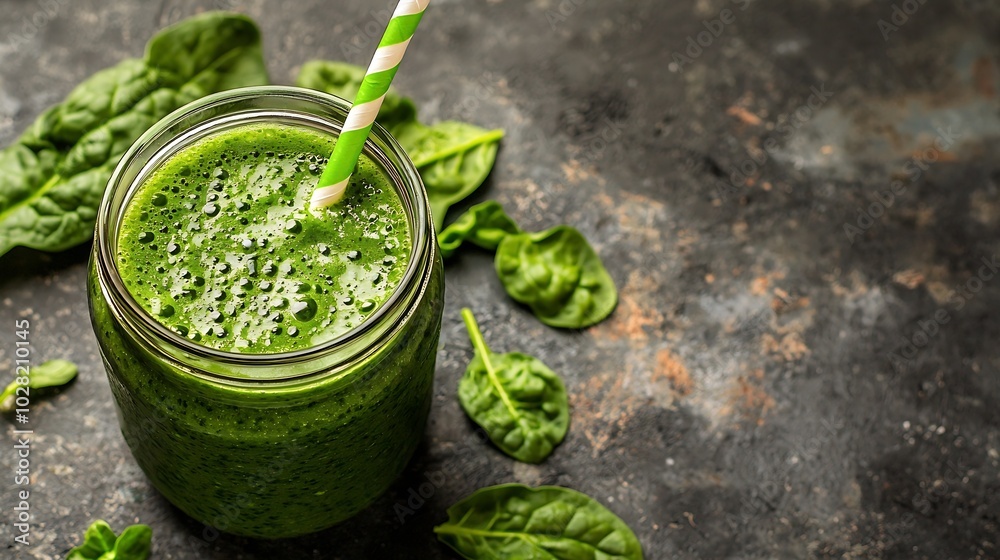 Poster spinach smoothie healthy drink in glass jar on grey stone background copy space : generative ai
