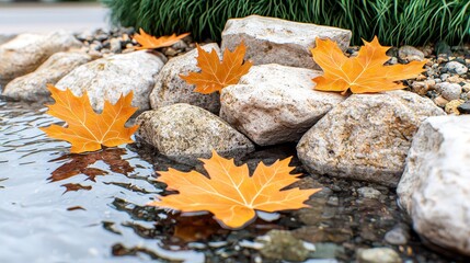 Autumn Leaves Floating on Calm River with Stones   Nature Background
