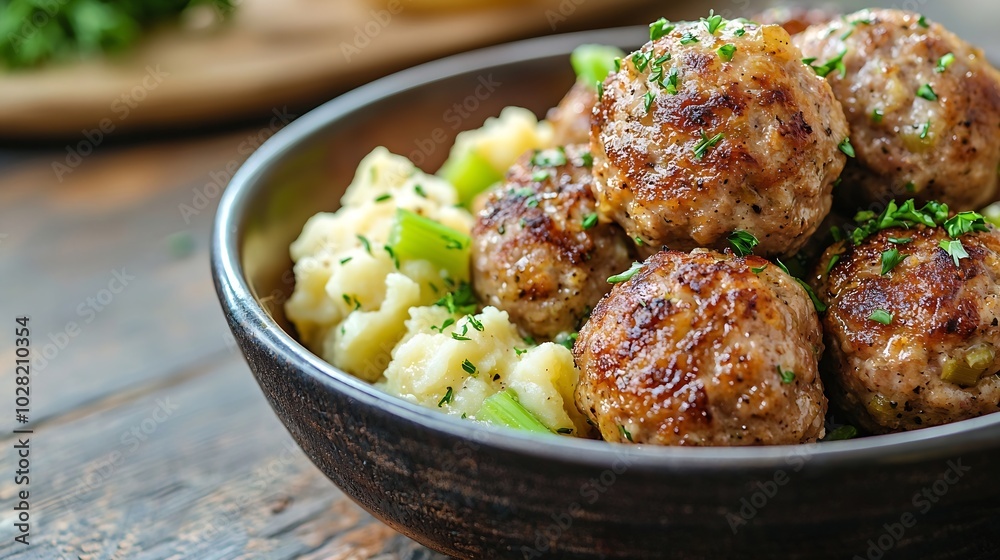 Poster Meatballs duck meat with apple sauce and mashed celery potato on a wooden background : Generative AI