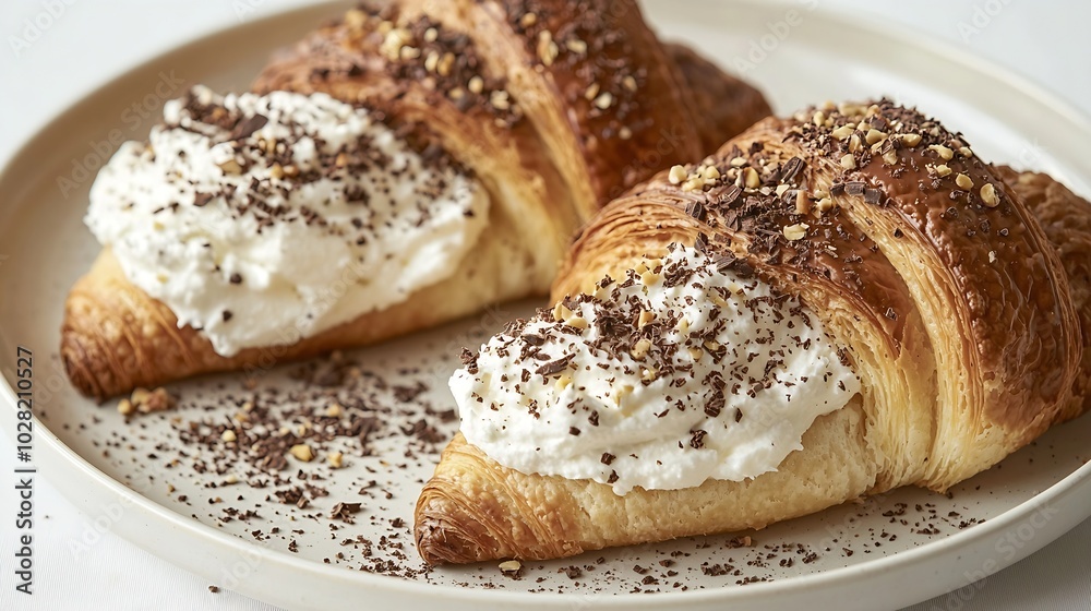 Poster fresh croissants with cream cheese and chocolate and nut cream on plate on a white background : gene