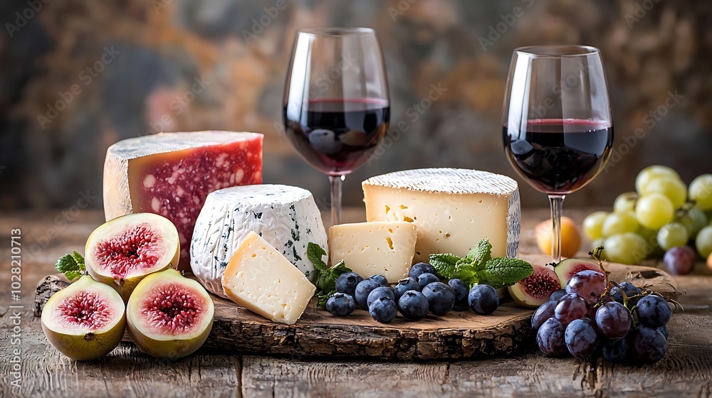 Poster cheese and fruits assortment on cutting board with red and white wine on wooden background copy spac