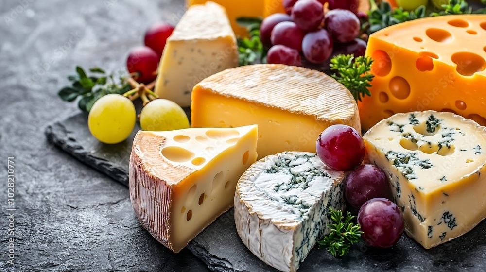Poster Assorted cheese with grape on a stone and slate background Copy space : Generative AI