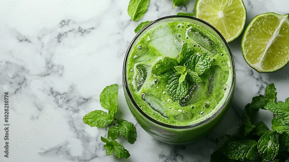 Poster matcha iced green tea with lime and fresh mint on a marble background copy space top view : generati