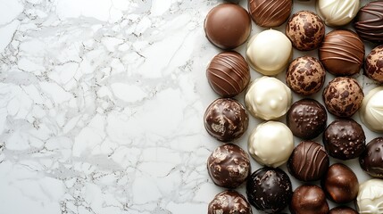 Assortment of fine chocolate candies white dark and milk chocolate Marble background Copy space Top...