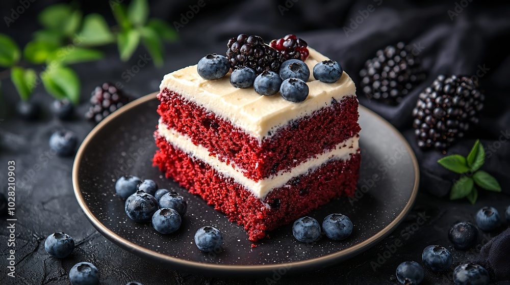 Poster chocolate cake slice on a plate with blueberries grey background : generative ai