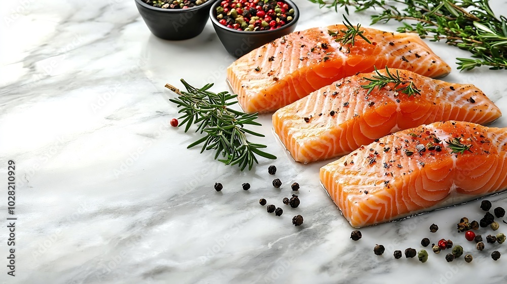 Poster salmon steaks fillet with herbs and spices white marble background top view : generative ai