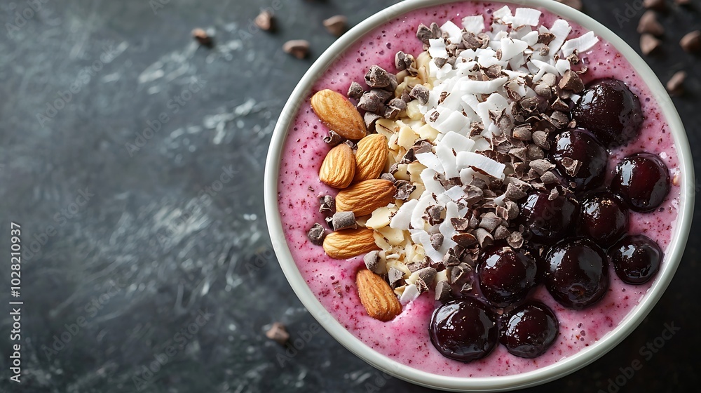 Poster smoothie bowl with fresh black cherries coconut flakes almond and cocoa nibs blue stone background t