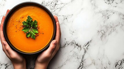 Kids hands holding a bowl with pumpkin soup Marble background Top view : Generative AI
