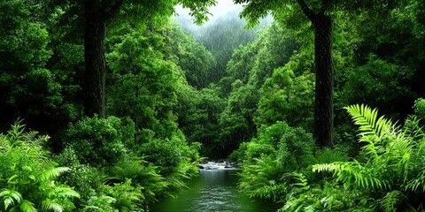 Obraz premium Lush Rainforest River With Heavy Rain And Sunlight
