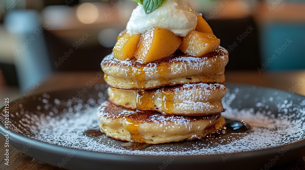 Poster buckwheat pancakes with poached apples and cream : generative ai