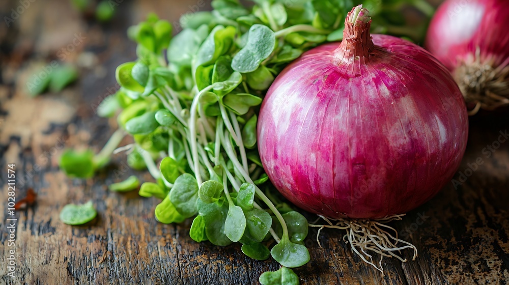 Poster red onion with fresh green sprouts on wooden background close up : generative ai