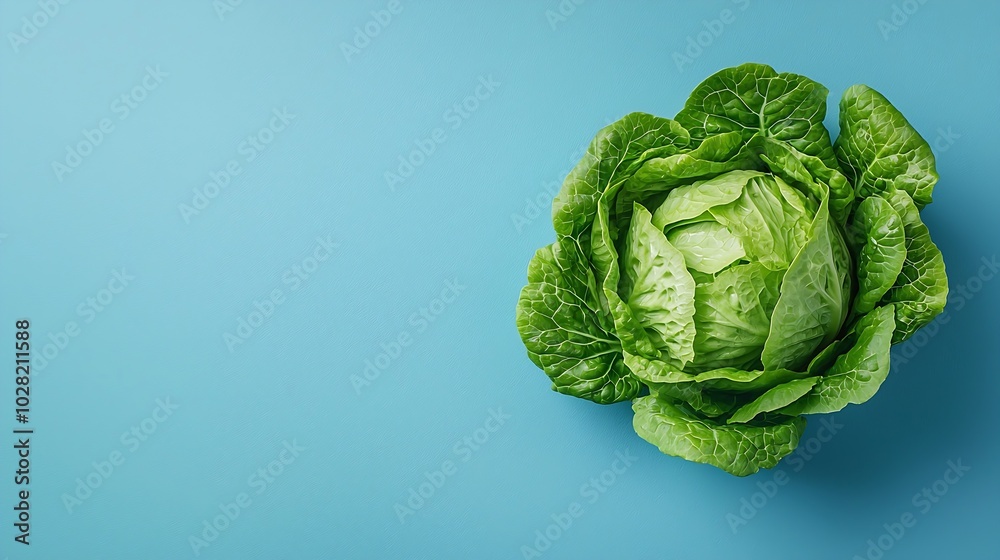 Poster romaine lettuce salad on blue table top view copy space : generative ai
