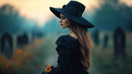 Enigmatic Witch in Cemetery at Dusk