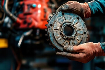 Rusty mechanical part held by hands in workshop, showcasing wear and tear. image captures essence of manual labor and intricacies of machinery