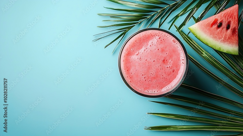 Aufkleber fresh watermelon juice smoothie on blue background with palm leaf top view : generative ai